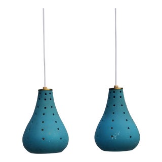Mid-Century Perforated Pottery Pendant Lamps- a Pair For Sale