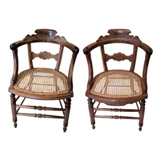 Antique 1800s Wood Chairs Pair Carved Back Recaned Seats Refinished For Sale