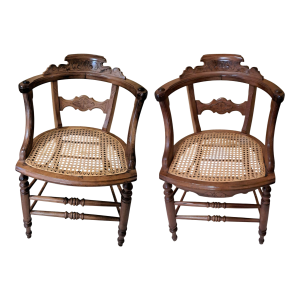 Antique 1800s Wood Chairs Pair Carved Back Recaned Seats Refinished