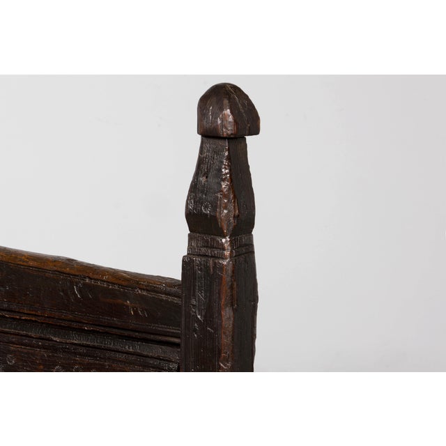 18th Century Spanish Rustic Oak Bench With Carved Panels and Dark Patina For Sale - Image 10 of 18