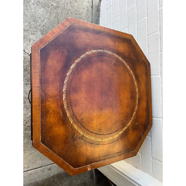 Wood Antique English Regency-Style Drum Table Is Constructed From Mahogany Wood and Features an Octagonal Leather Top With Gold Tooling For Sale - Image 7 of 10