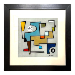 Modernist Abstract Print With Verre Églomisé by Ramon – Framed Geometric Composition