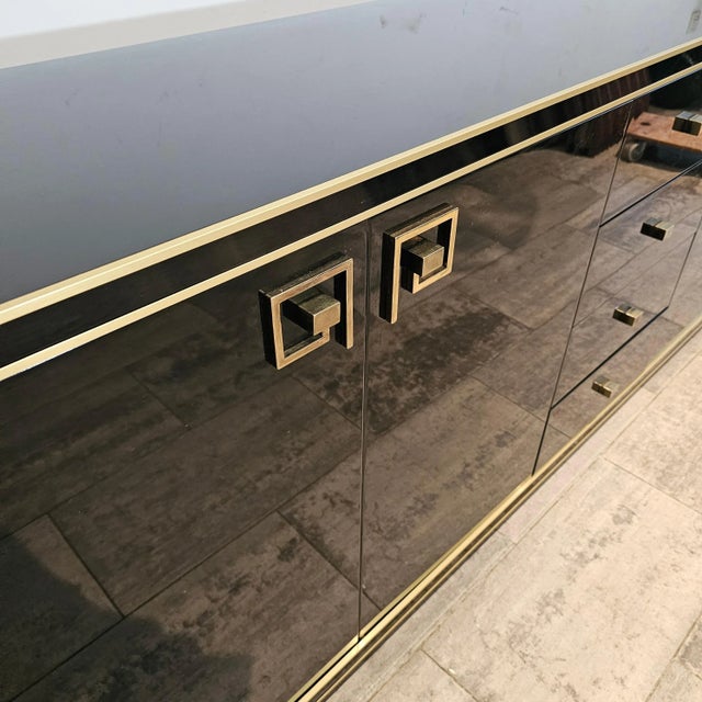 Hollywood Regency Black Lacquered Credenza with Brass Details, 1980 For Sale - Image 3 of 12