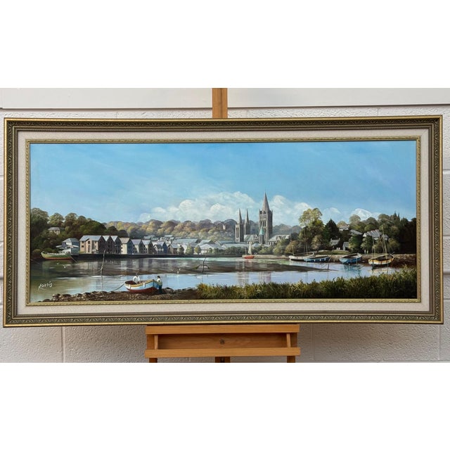 Painting of Figures & Boats on Truro Harbour with Cathedral by British Artist 1985 Circa For Sale - Image 12 of 18