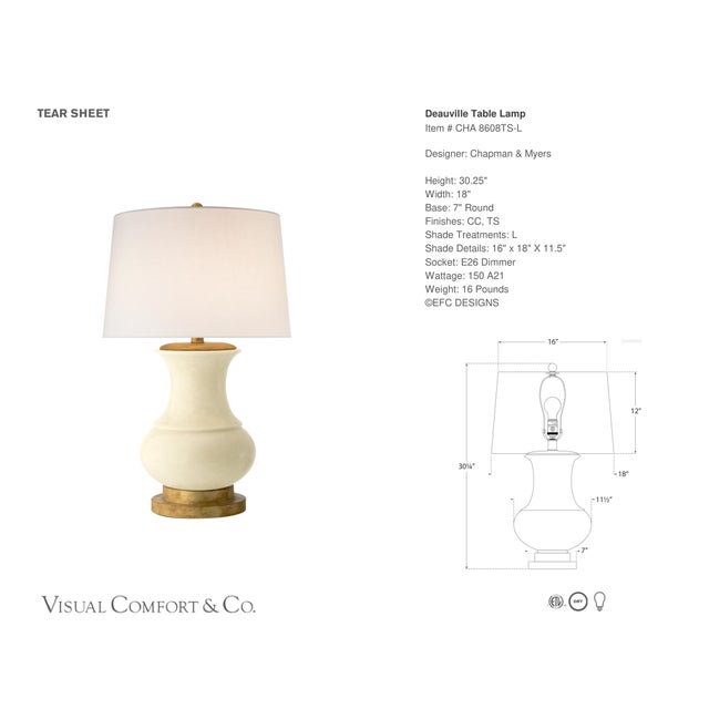 Chapman & Myers by Visual Comfort Signature Deauville Table Lamp in Tea Stain Porcelain with Linen Shade Designer: Chapman...