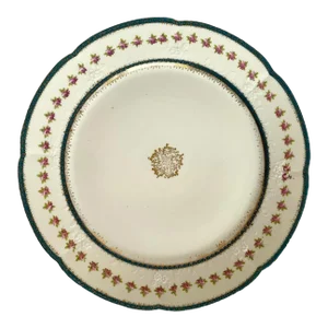 Antique Austria Dinner Plate With John Wanamaker Import Mark “w”, Teal Bands, Pink Roses, Medallion
