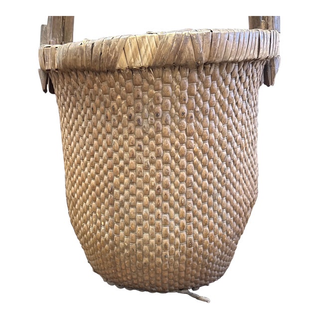Antique Chinese Woven Bent Handled Fishing Basket For Sale