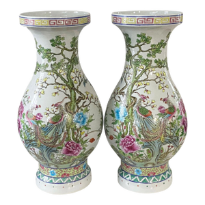 Pair of Chinese Famille Rose Porcelain Phoenix Vases Pair 21" H