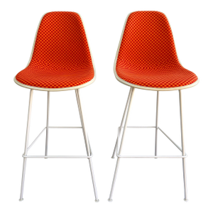 Pair of Eames Herman Miller Alexander Girard Upholstered Bar Stools