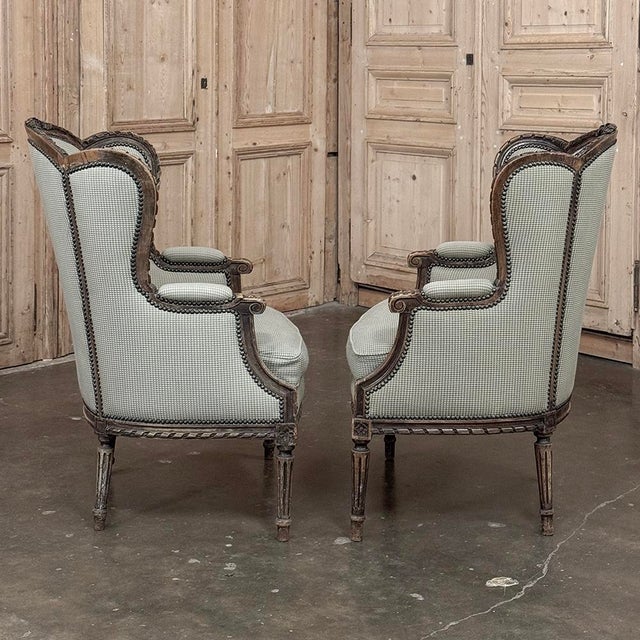 Wood Pair Antique Louis XVI Style French Bergères ~ Armchairs in Walnut For Sale - Image 7 of 18