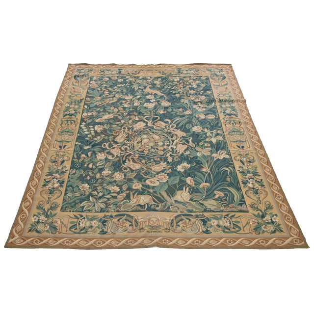 Green Vintage French Aubusson Handcrafted Wool Rug in Green With a Foliage Design For Sale - Image 8 of 11