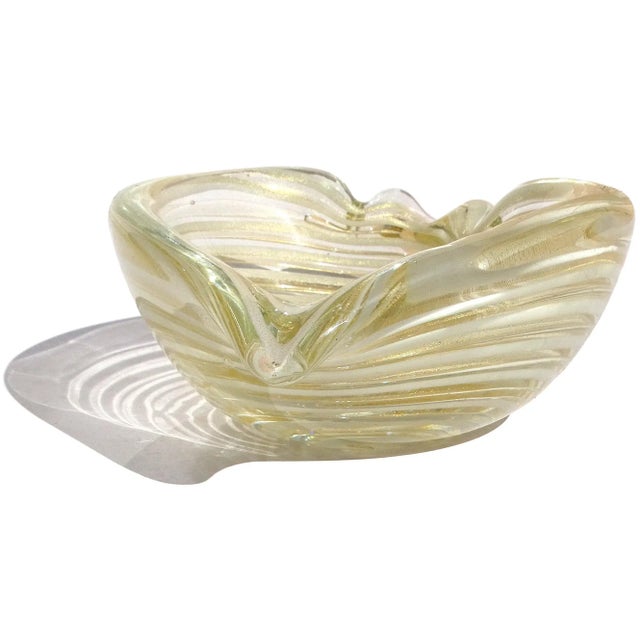 White Vintage Murano Barovier Toso Gold Flecks White Swirl Italian Art Glass Heart Ashtray Dish Bowl For Sale - Image 8 of 11