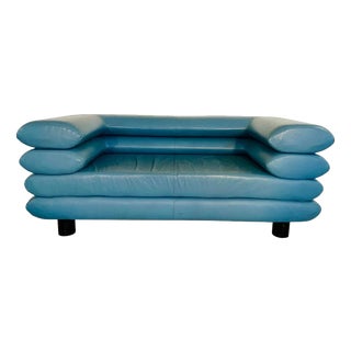 Vintage Postmodern Swedish Turquoise Leather Stacked Sofa, 1980 For Sale