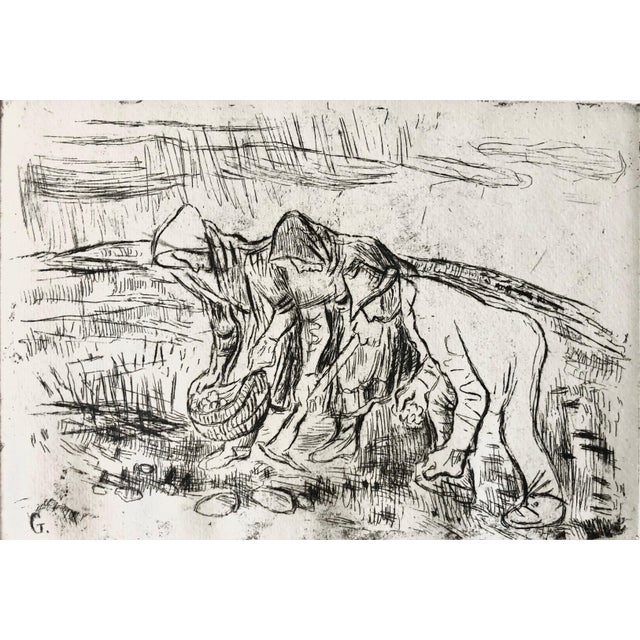 Tibor Gergely, Farmers Gardening Etching, (After Vincent Van Gogh) Famed Children's Book Author, c.1940's For Sale