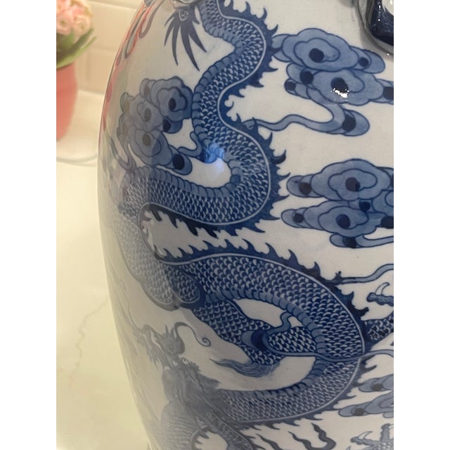 Blue Pair of 16" Dragon Vaases in Blue/WHT Porcelain For Sale - Image 8 of 10