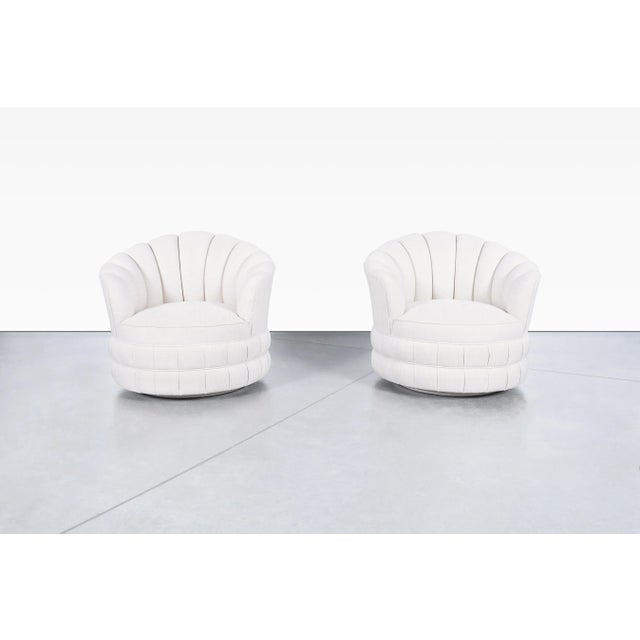1970s Mid-Century Modern Channel Back Swivel Lounge Chairs, 1970s For Sale - Image 5 of 12