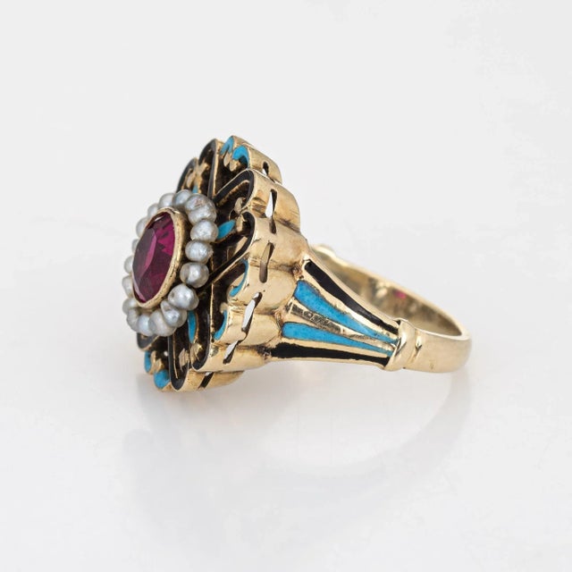 Early 20th Century Antique Edwardian Enamel Ring Vintage 14k Yellow Gold Seed Pearls size 3 For Sale - Image 4 of 7