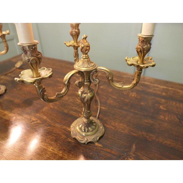 Large Brass Three Branch Table Lamps Candelabra, 1930, Set of 2 For Sale - Image 6 of 9