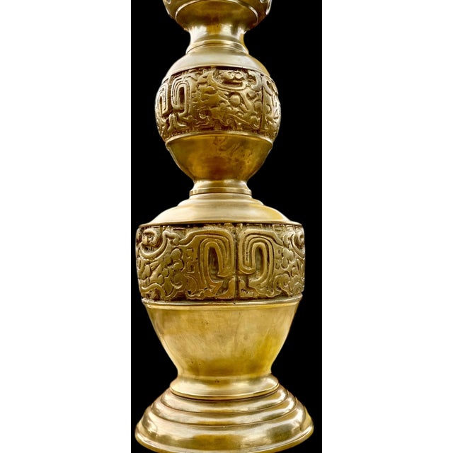 Attributed to James Mont MCM Gilt Brass Candlestick Lamp With Frosted Glass Flame Shade For Sale - Image 10 of 14