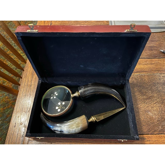 Vintage Letter Opener and Magnifying Glass With Polished Horn Handles, Copper and Brass Trim With Wood Case. For Sale - Image 4 of 12