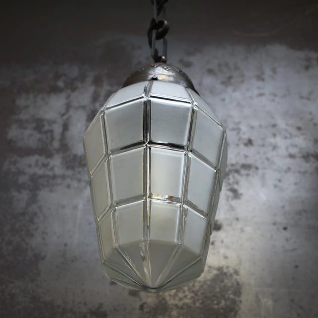 Metal French Art Deco Brass Frosted Cut Glass Pendant Light, 1920s For Sale - Image 7 of 10