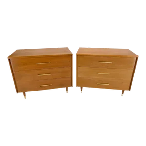Pair John Stuart Refinished 3 Drawer Bachelor Chests Dressers W/ Long Brass Pull