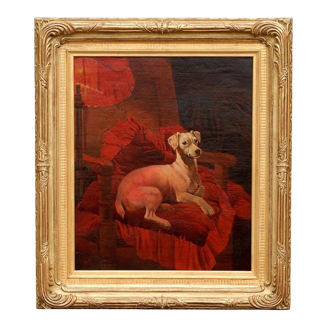 English Late 19th Century Vertical Oil Painting of a Dog Sitting in an Armchair For Sale