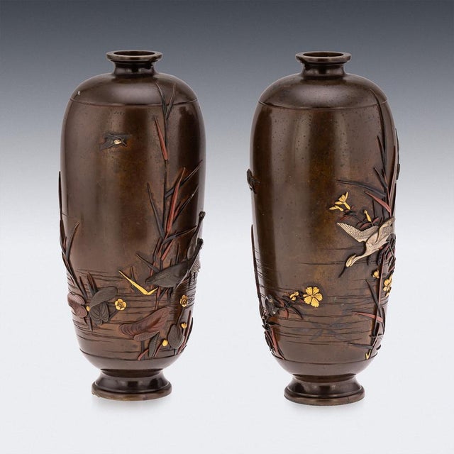 Antique Japanese Meiji Inlaid Bronze Ovoid Vases by Miyabe, 19th Century, Set of 2 For Sale - Image 6 of 18