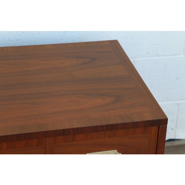 Pair of Mid-Century Modern Campaign Walnut Nightstands by Baker Milling Road | Brass Hardware, Circa 1960s For Sale - Image 12 of 18