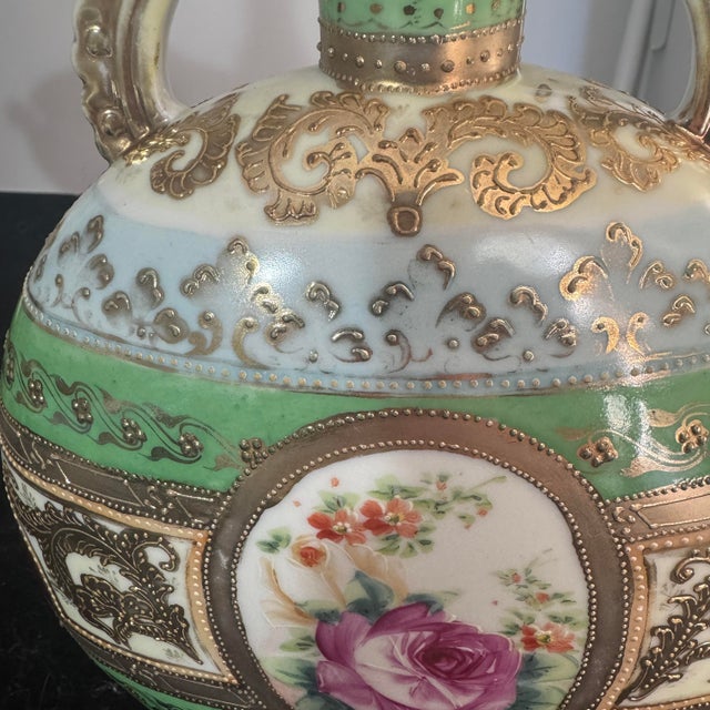 Antique French Porcelain Hand-Painted Pilgrim Flask Vase With Raised Gold Filigree & Roses For Sale - Image 10 of 10