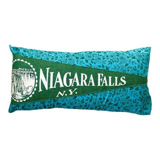 New York Niagra Falls Large Green Vintage Pennant on New Woven Floral Throw Pillow For Sale
