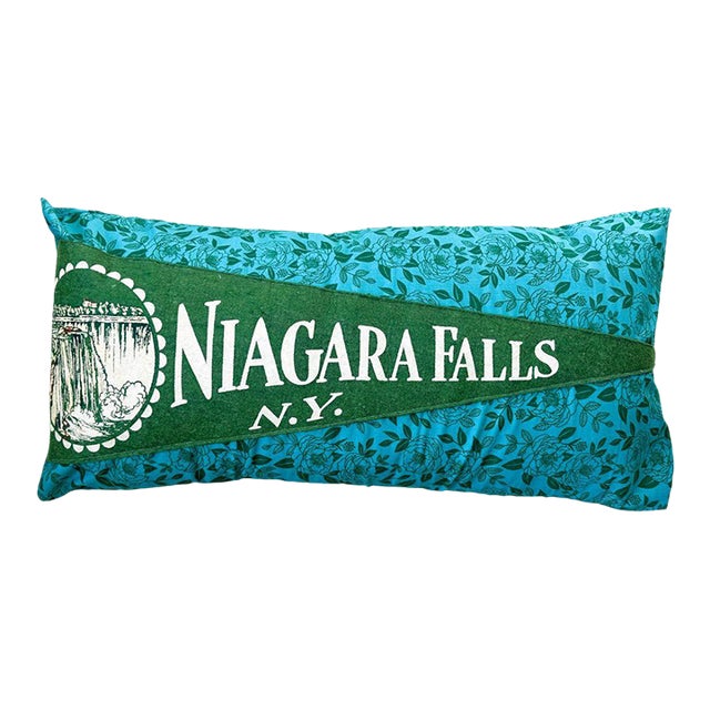 New York Niagra Falls Large Green Vintage Pennant on New Woven Floral Throw Pillow For Sale