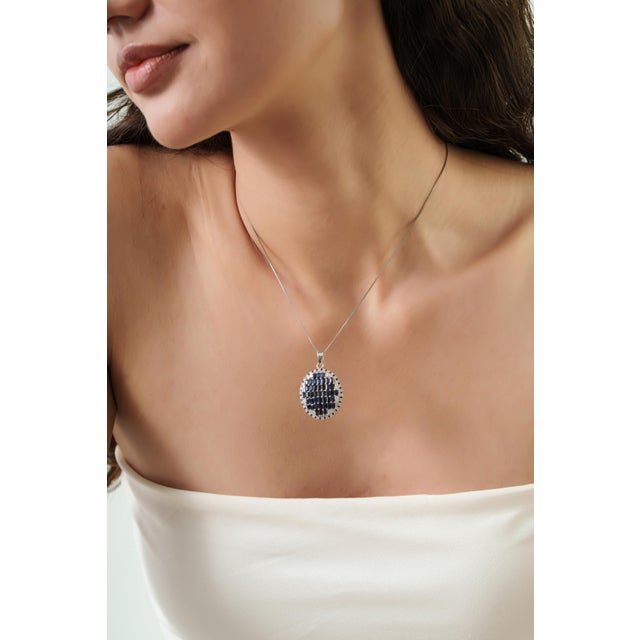 Art Deco Baguette Cut Blue Sapphire & Diamond Mosaic Statement Pendant | 3.45 TCW For Sale - Image 4 of 13