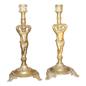 19th Century French Napoleon III Bronze Putto/ Cherub Candle Holders- a Pair