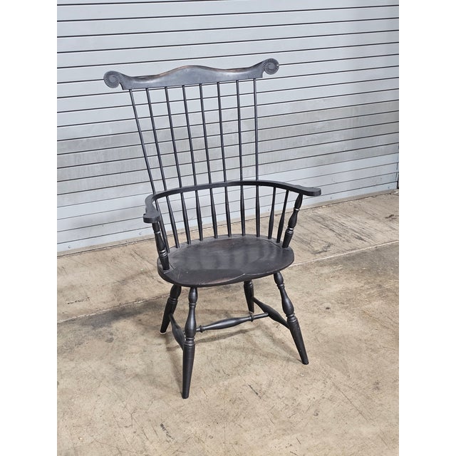 Charles Frumerie Black Fan Back Windsor Arm Chair Bench Made For Sale - Image 9 of 10