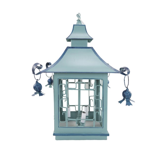Vintage Double Pagoda Blue Three Light Chandelier For Sale - Image 4 of 7