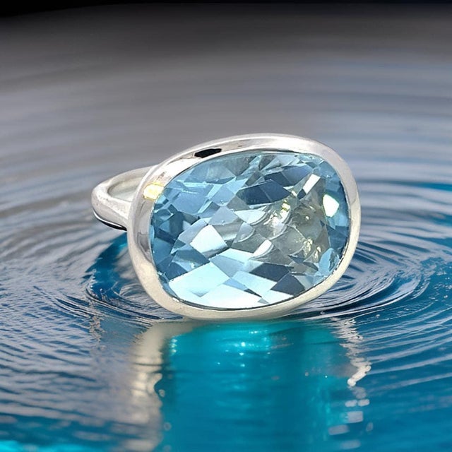 1990s Natural Solitaire Blue Topaz Ring Size 6.5 14k W Gold 17.35 Cts Certified For Sale - Image 10 of 11
