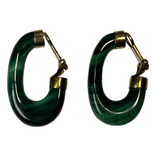 1970s Malachite and 14k Yellow Gold Elongated Hoop Earrings, a Pair - For Sale