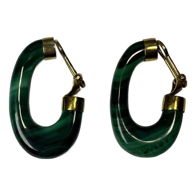1970s Malachite and 14k Yellow Gold Elongated Hoop Earrings, a Pair - For Sale