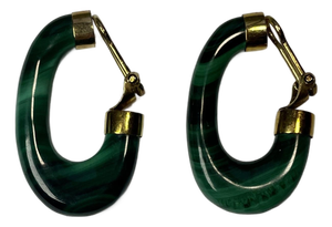 1970s Malachite and 14k Yellow Gold Elongated Hoop Earrings, a Pair -