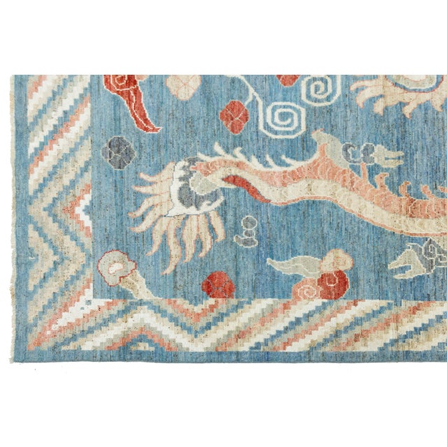 Textile Contemporary Oriental Mythological Dragon Rug - Sky Blue & Terracotta Wool 8x10 For Sale - Image 7 of 11