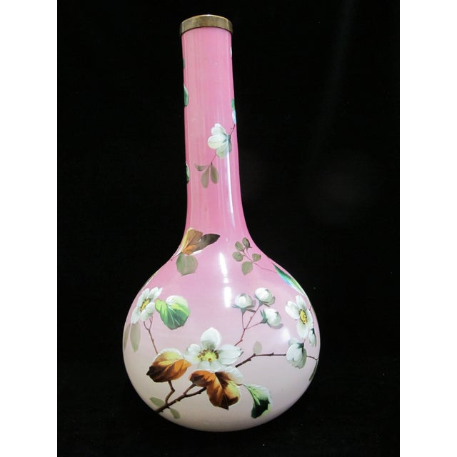 Victorian Harrach Enameled Flower Opaline Pink Cased Glass 17" Bohemian Vase For Sale - Image 4 of 11