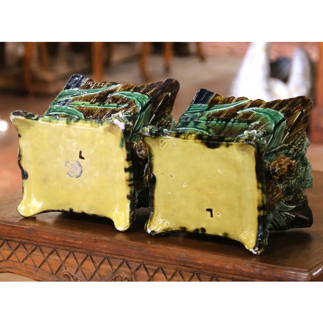 Pair of 19th Century French Barbotine Majolica Jardinières With Bird and Foliage For Sale - Image 13 of 16