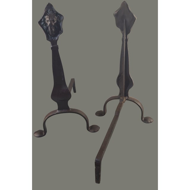 Antique Arts & Crafts Hand Forged Iron Figural Lions Head Fireplace Andirons Marked- a Pair For Sale - Image 9 of 11
