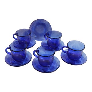 Forte Crisa Blue Glass Sunflower Cups and Saucers- 11 Pieces For Sale