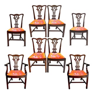 1930's Hand-Carved Solid Mahogany Chippendale Dining Chairs - Set of Eight For Sale