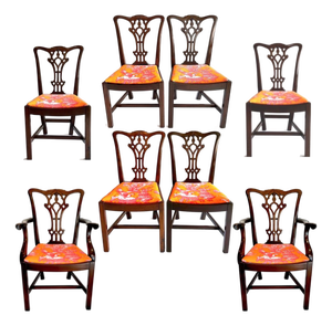 1930's Hand-Carved Solid Mahogany Chippendale Dining Chairs - Set of Eight