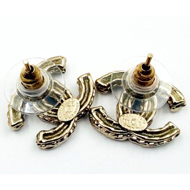 Contemporary Chanel Gold Twisted CC Silver Grey Crystal Piercing Earrings, A Pair For Sale - Image 3 of 3