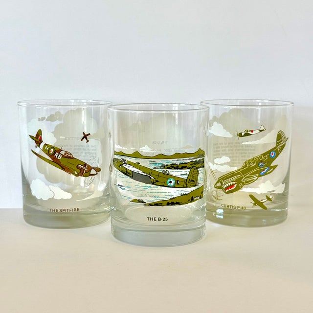 Mid-Century Modern World War II Wwii Planes B-25, Spitfire, Me-109, Zero, B-17, Curtis P-40, Double Old Fashion Lowball Glasses Set of 6 Mid Century Modern For Sale - Image 3 of 14