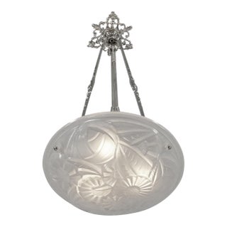 Degue French Art Deco Pendant Chandelier Circa 1930 - Frosted Glass & Nickeled Bronze For Sale
